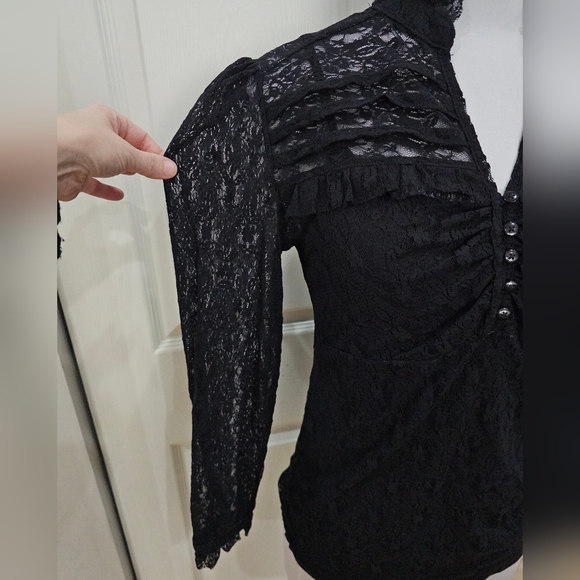 Apt 9 Black Lace v neck Ruffle Detail Long Sleeve Top Blouse S - Picture 8 of 8